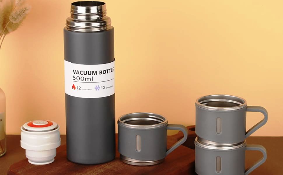 Velocious® Stainless Steel Thermo 500ml/16.9oz Vacuum Insulated Bottle with 3 Cup for Coffee Hot Drink and Cold Drink Water Flask