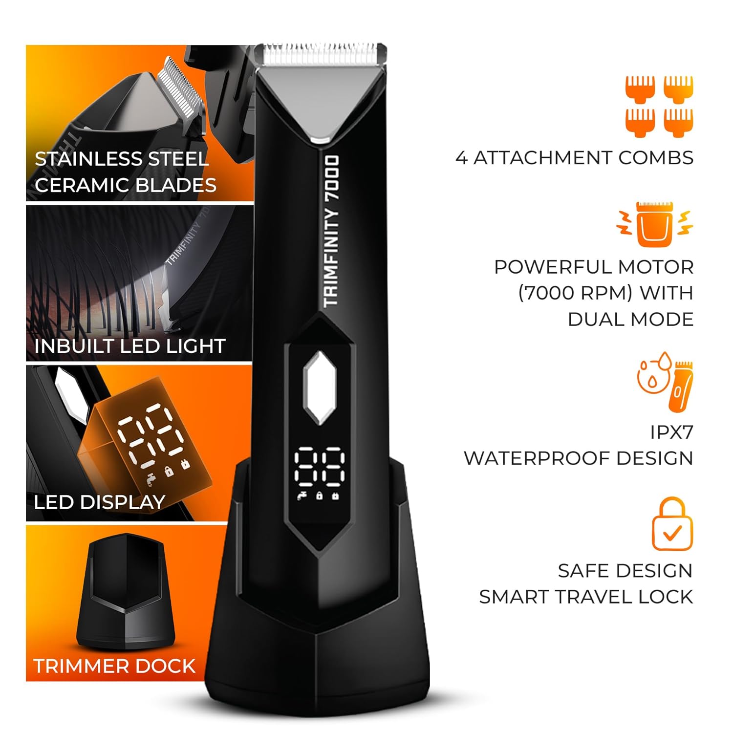 urbangbru Trimfinity 7000 Body Trimmer for Men- Safest Body & Private Part Trimmer - Pubic Hair Groomer, Underarm - Waterproof, Ceramic Blades, Rechargeable with Wireless Fast Charging,Black