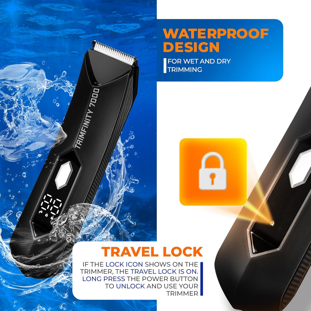 urbangbru Trimfinity 7000 Body Trimmer for Men- Safest Body & Private Part Trimmer - Pubic Hair Groomer, Underarm - Waterproof, Ceramic Blades, Rechargeable with Wireless Fast Charging,Black